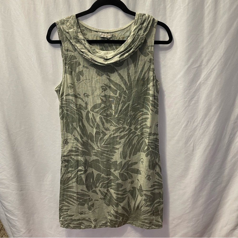 Lina Tomei Italy Linen Palm‎ Leaf Sleeveless Dress Scoop Neck Resortwear Medium